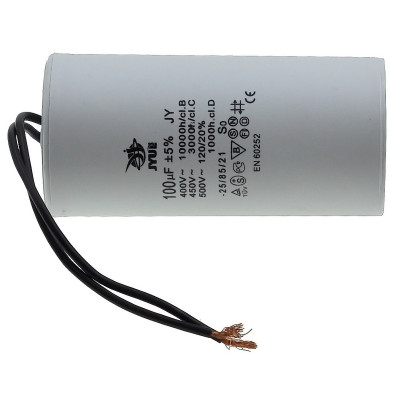 Конденсатор JYUL CBB-60 100мкф - 450 VAC дроти (60*123 мм)