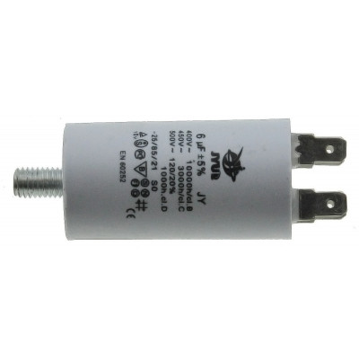 Конденсатор JYUL CBB-60M 6мкф - 450 VAC болт + клеми (30*57 мм)