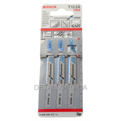 Пилка Bosch по металу T123X, 1,2-2,6×100 мм, 3 шт оригинал 2608638472
